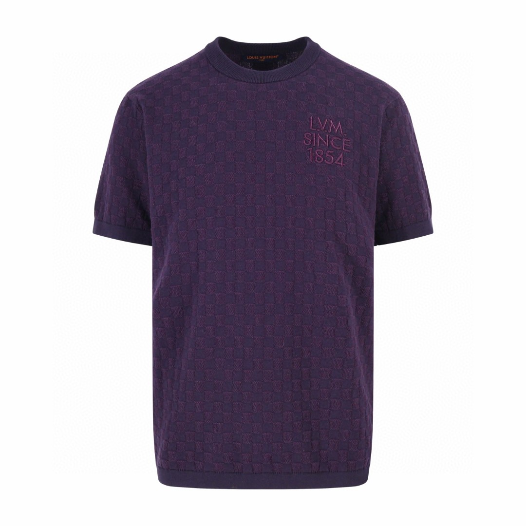 LOUIS VUITTON 路易威登 LV 字母刺绣暗纹棋盘格提花毛织T恤 短袖 紫色 A2 1AJTVG