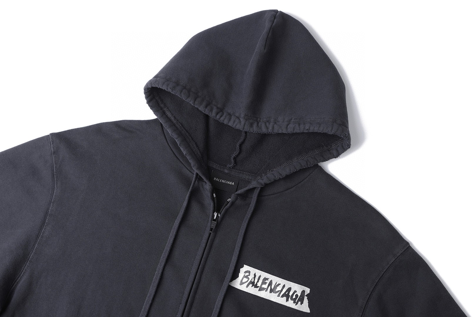 Balenciaga 巴黎世家 做旧胶浆印花拉链连帽卫衣 外套 长袖 秋冬 黑色 A7