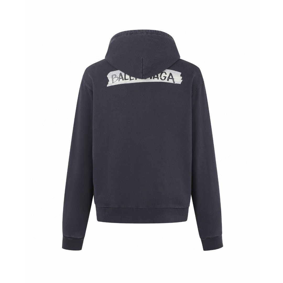 Balenciaga 巴黎世家 做旧胶浆印花拉链连帽卫衣 外套 长袖 秋冬 黑色 A7