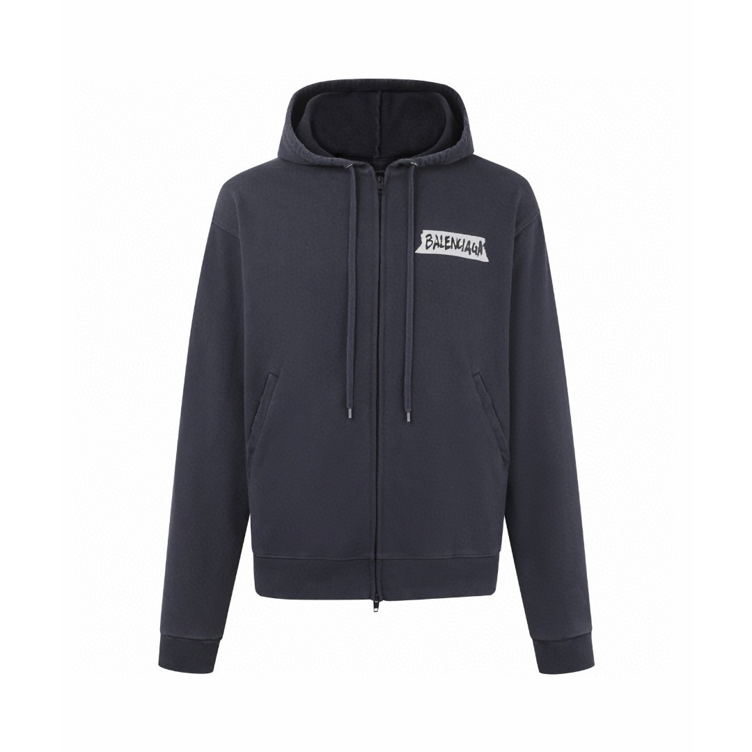 Balenciaga 巴黎世家 做旧胶浆印花拉链连帽卫衣 外套 长袖 秋冬 黑色 A7