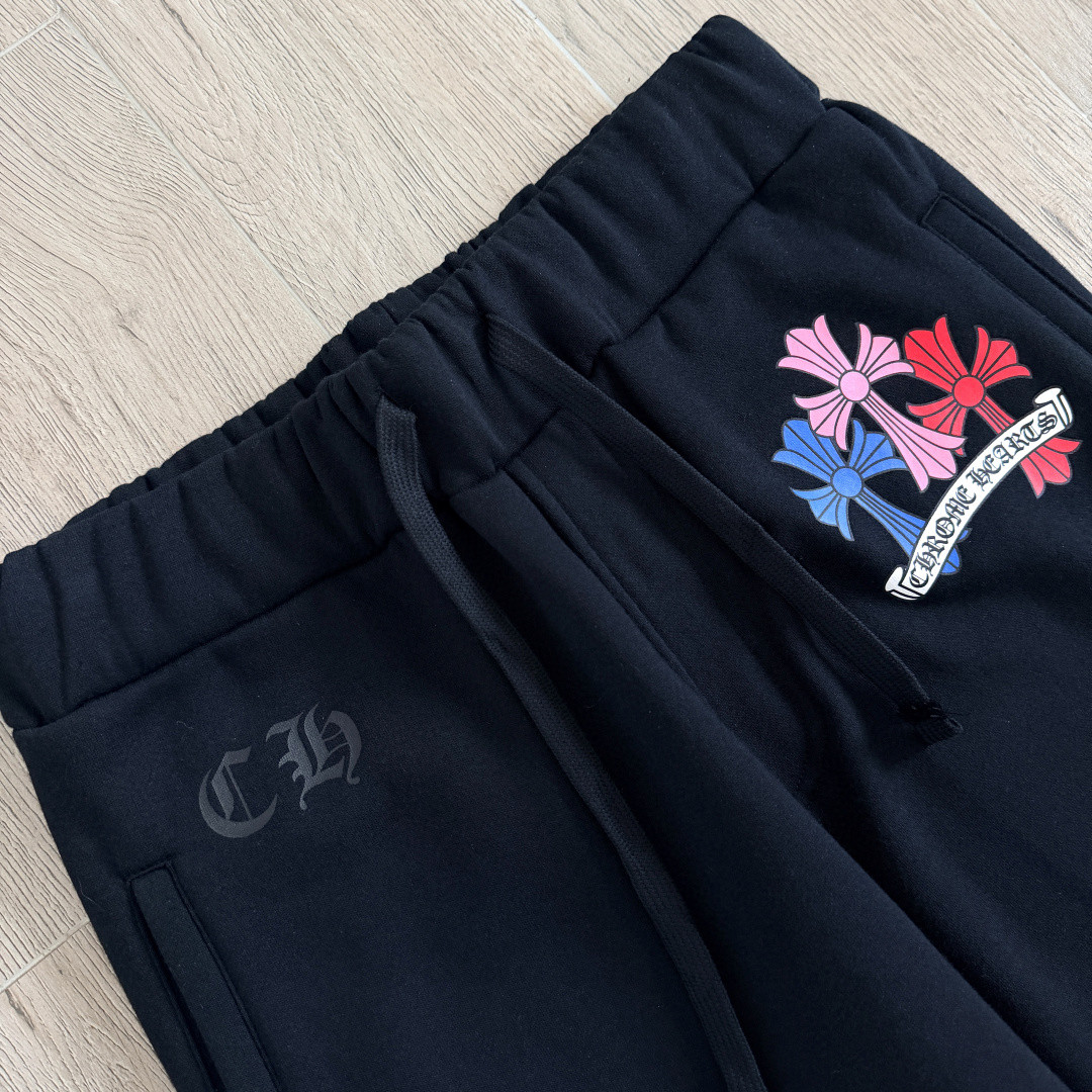 Chrome Hearts 克罗心 彩色十字架印花松紧腰束脚运动裤 抓绒 卫裤 休闲裤 长裤 裤子 黑色 