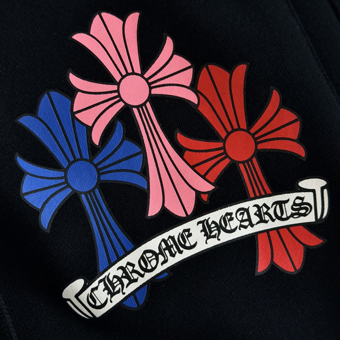 Chrome Hearts 克罗心 彩色十字架印花松紧腰束脚运动裤 抓绒 卫裤 休闲裤 长裤 裤子 黑色 