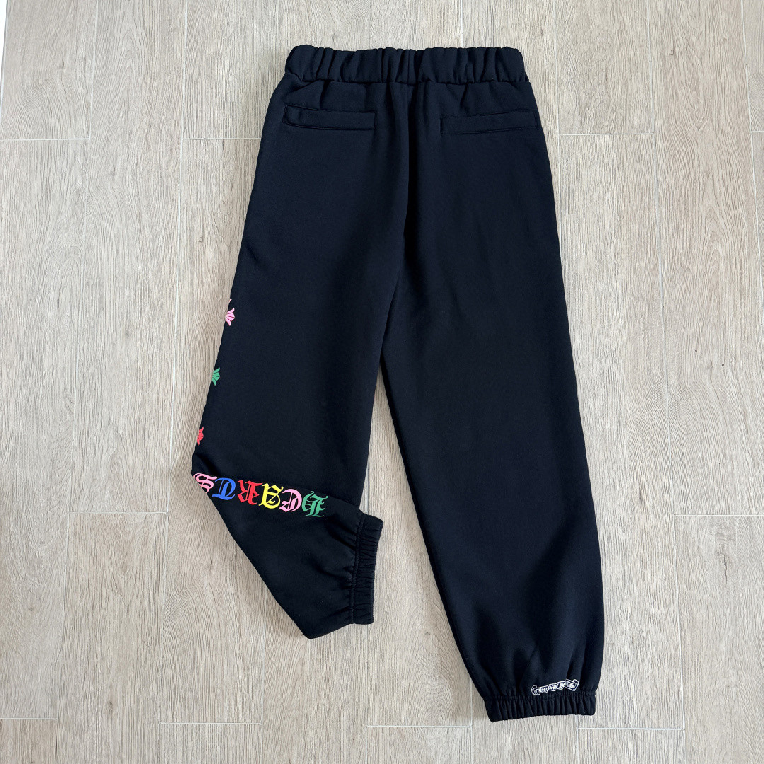 Chrome Hearts 克罗心 彩色十字架印花松紧腰束脚运动裤 抓绒 卫裤 休闲裤 长裤 裤子 黑色 