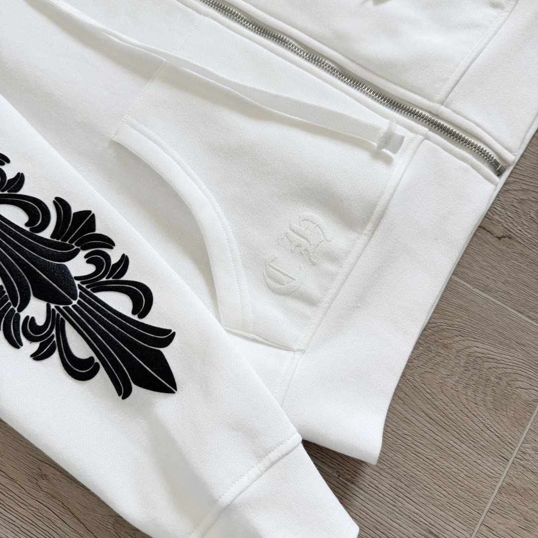 925纯银 Chrome Hearts 克罗心 经典马蹄花臂内里抓绒拉链卫衣 外套 长袖 白色 A5