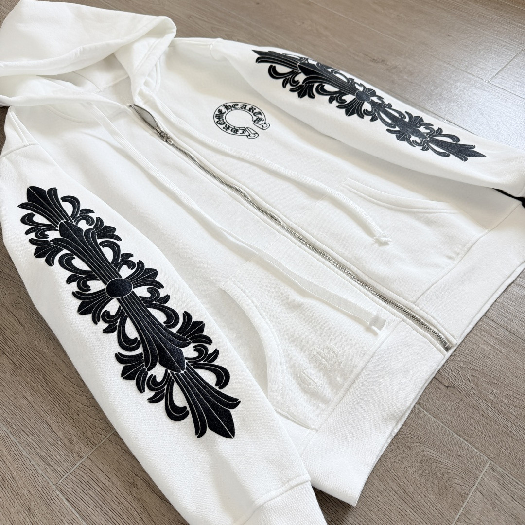 925纯银 Chrome Hearts 克罗心 经典马蹄花臂内里抓绒拉链卫衣 外套 长袖 白色 A5