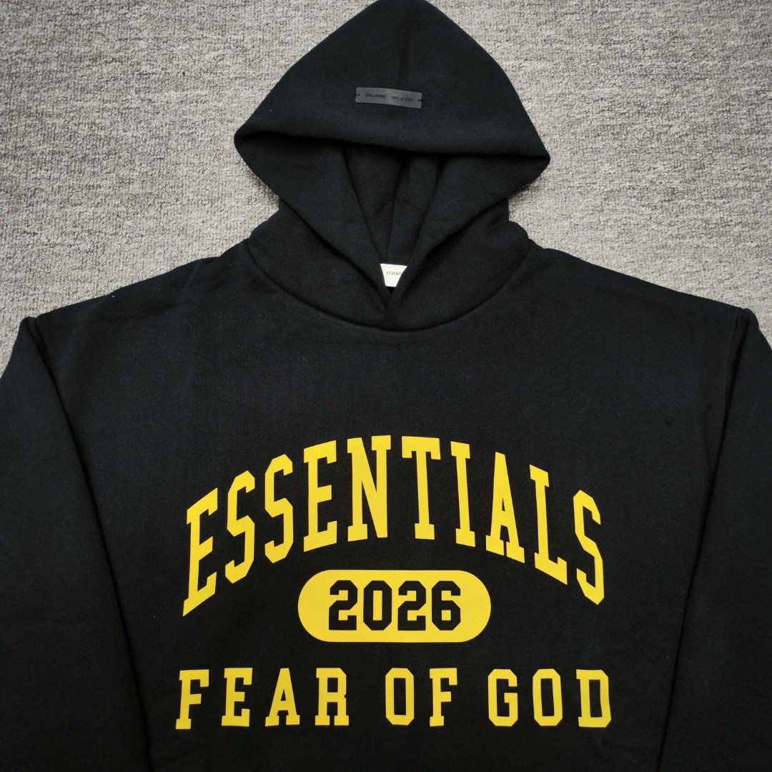 Fear of God Essentials 2026 硅胶字母印花 抓绒 套头连帽卫衣 外套 黑色 灰色