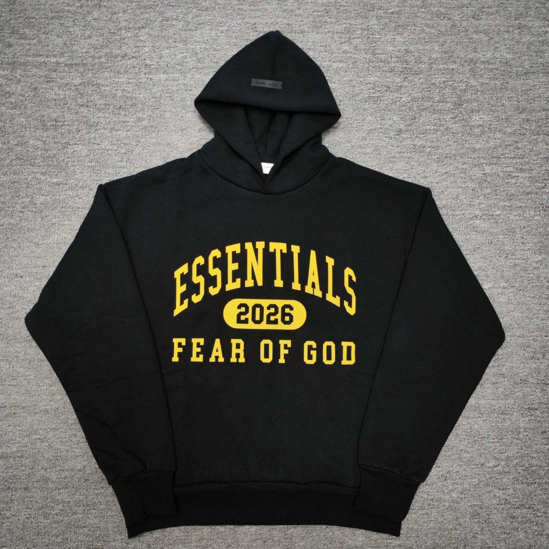 Fear of God Essentials 2026 硅胶字母印花 抓绒 套头连帽卫衣 外套 黑色 灰色