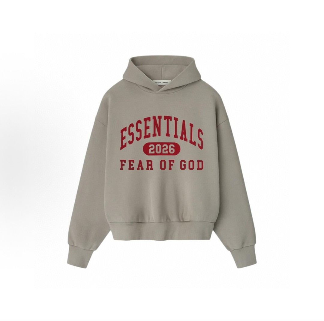 Fear of God Essentials 2026 硅胶字母印花 抓绒 套头连帽卫衣 外套 黑色 灰色