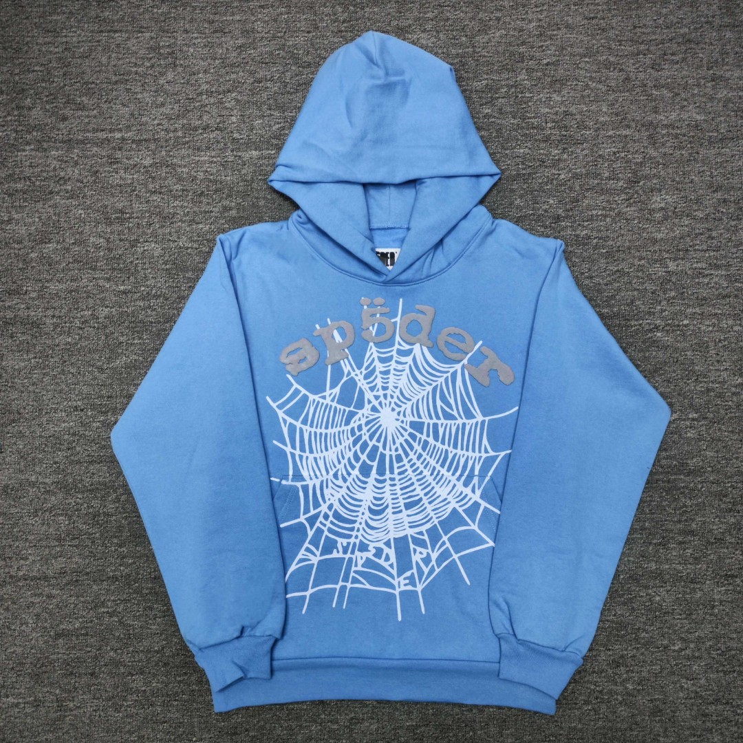 Sp5der 灰色Sp5der字母 蜘蛛网套头连帽卫衣 外套 蓝色 B0 