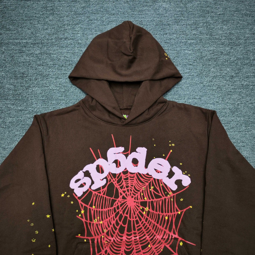 Sp5der 粉色Sp5der字母 星星蜘蛛网套头连帽卫衣 外套 棕色 B0 