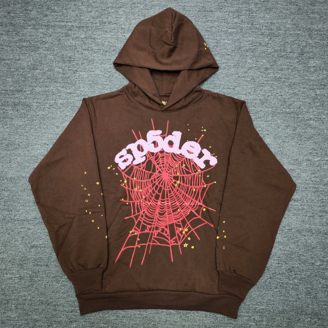 Sp5der 粉色Sp5der字母 星星蜘蛛网套头连帽卫衣 外套 棕色 B0 
