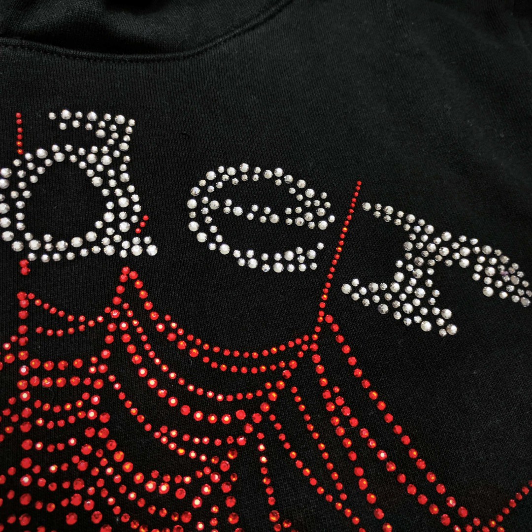 Sp5der 全烫钻Spider字母 蜘蛛网套头连帽卫衣 外套 黑色 B0 