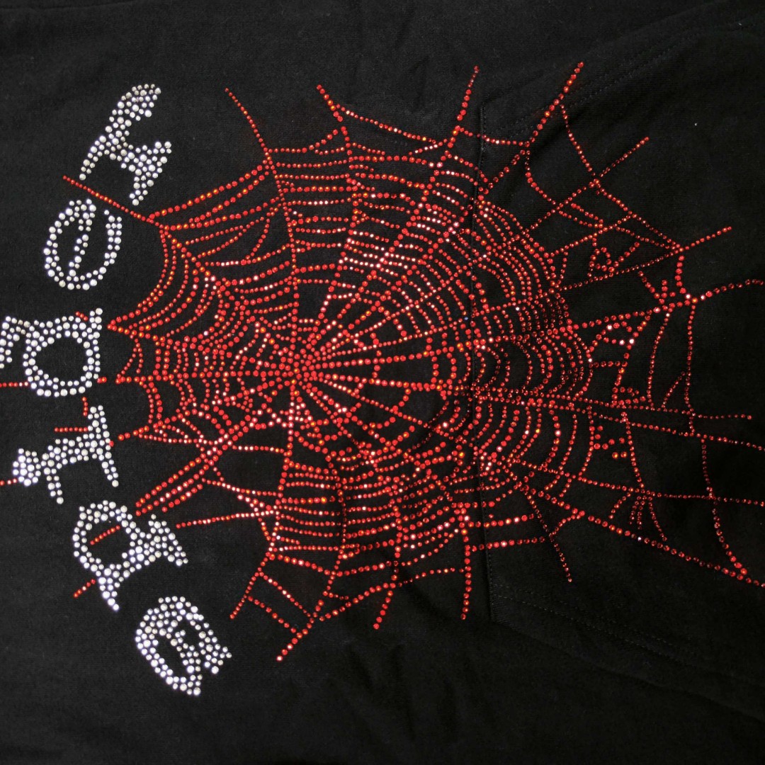 Sp5der 全烫钻Spider字母 蜘蛛网套头连帽卫衣 外套 黑色 B0 
