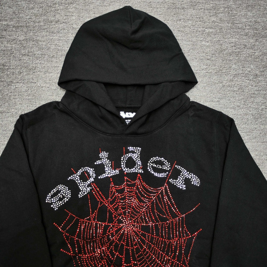 Sp5der 全烫钻Spider字母 蜘蛛网套头连帽卫衣 外套 黑色 B0 