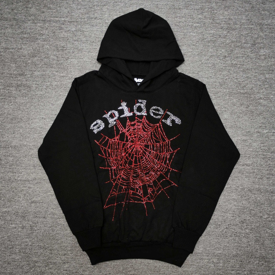 Sp5der 全烫钻Spider字母 蜘蛛网套头连帽卫衣 外套 黑色 B0 