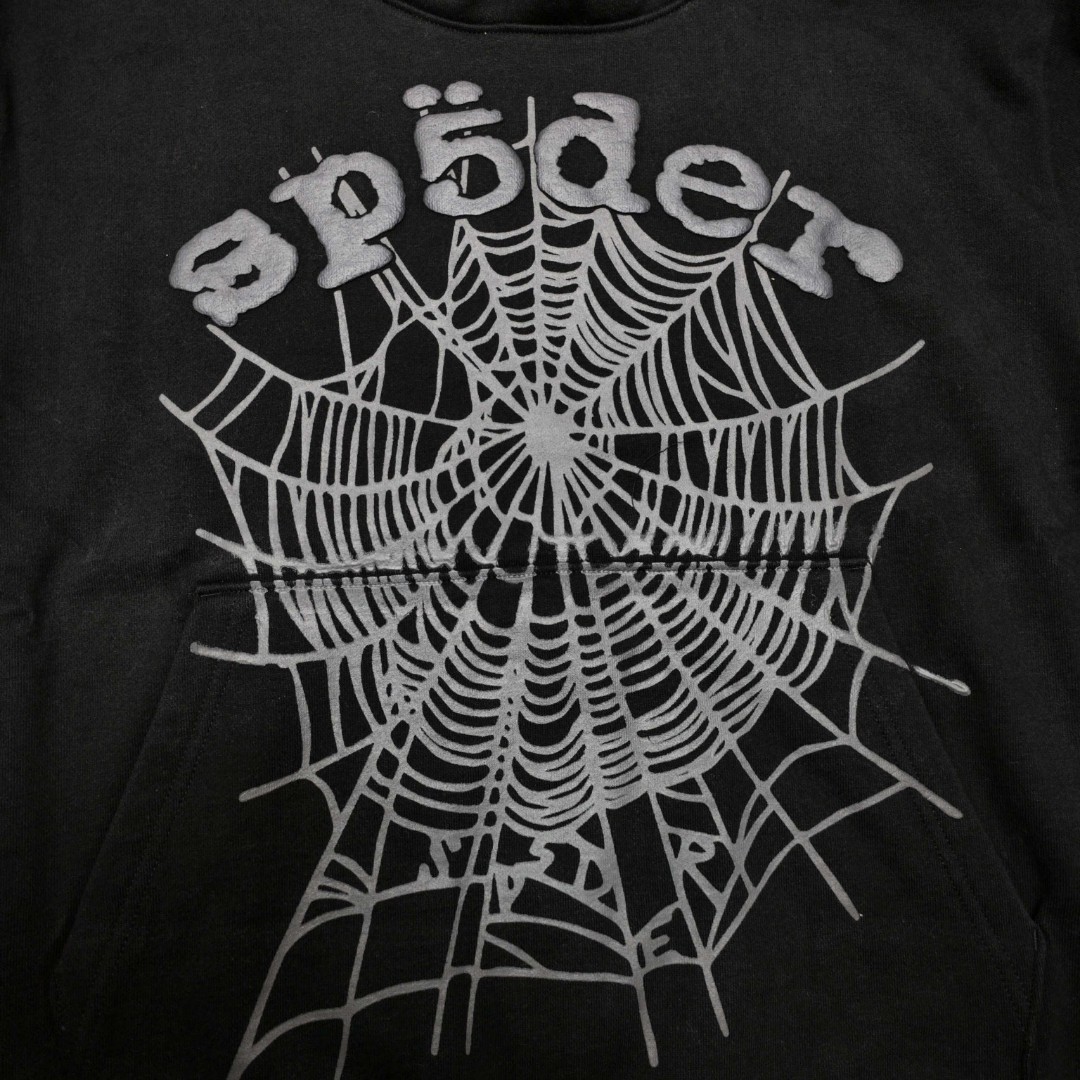 Sp5der 银色Sp5der字母 蜘蛛网套头连帽卫衣 外套 黑色 B0 