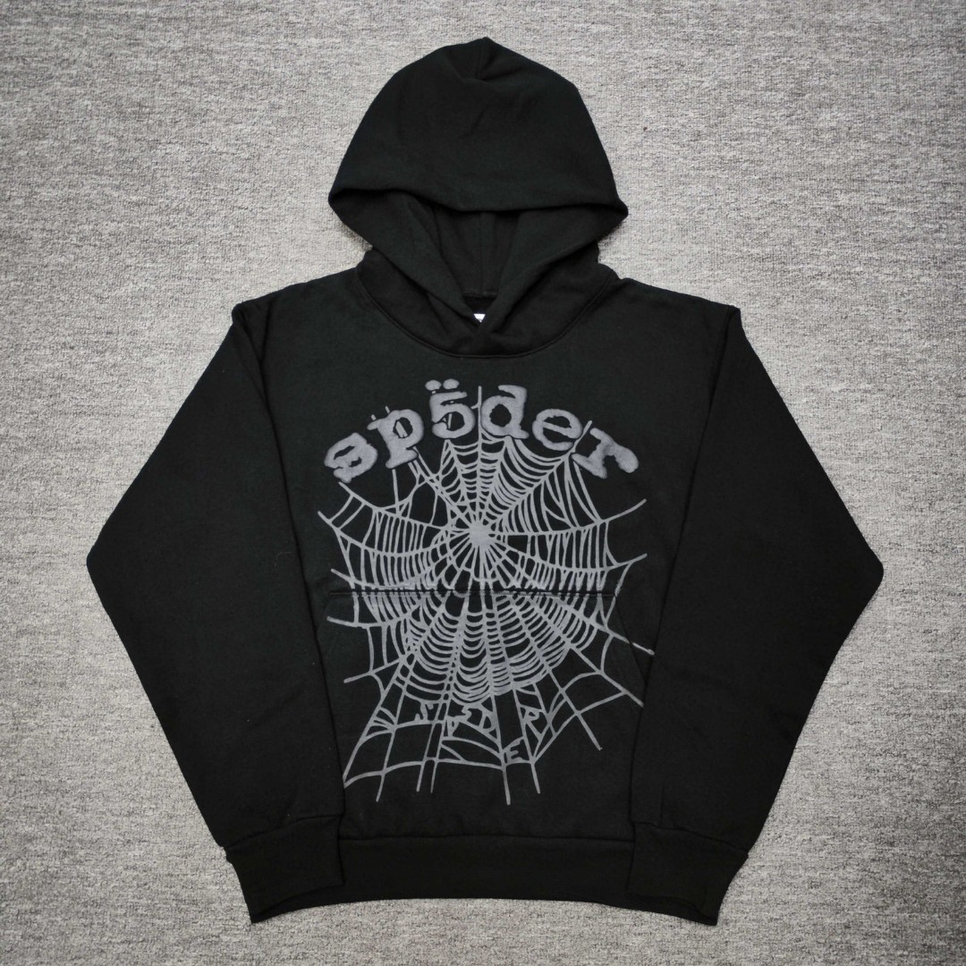 Sp5der 银色Sp5der字母 蜘蛛网套头连帽卫衣 外套 黑色 B0 