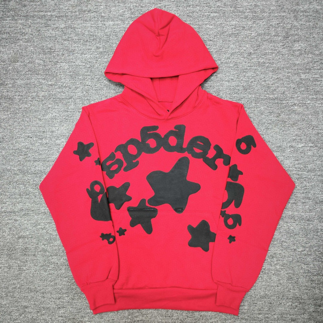Sp5der 黑色Sp5der字母 星星印花套头连帽卫衣 外套 红色 B0 