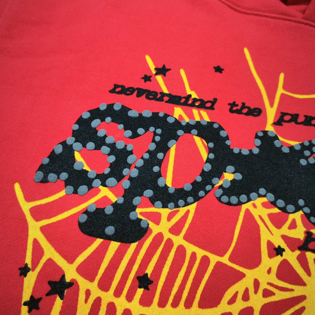 Sp5der 黑色Sp5der字母 星星蜘蛛网套头连帽卫衣 外套 红色 B0 