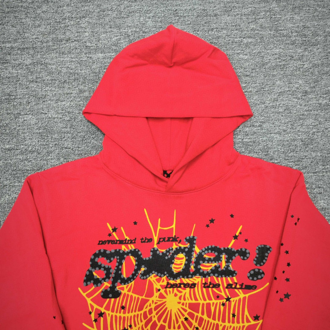 Sp5der 黑色Sp5der字母 星星蜘蛛网套头连帽卫衣 外套 红色 B0 