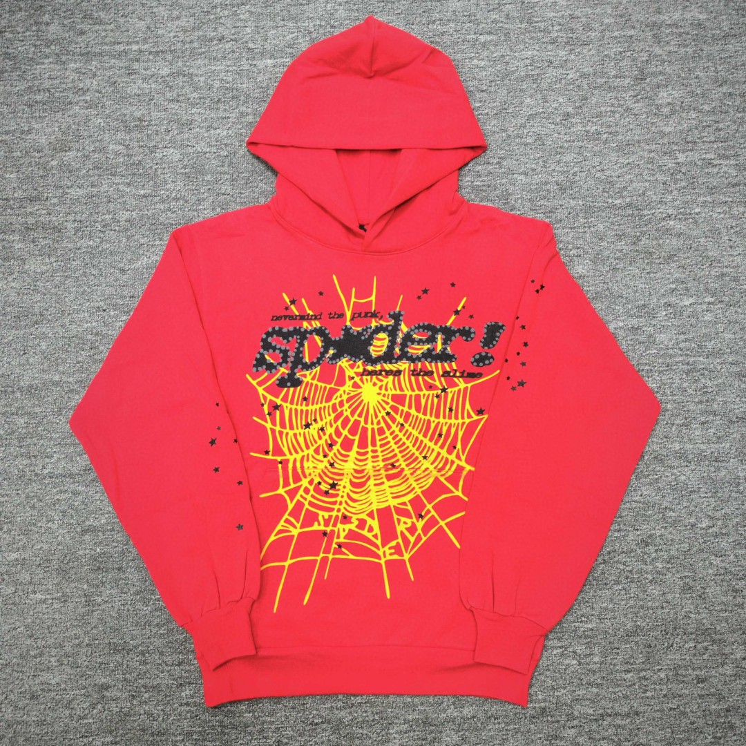 Sp5der 黑色Sp5der字母 星星蜘蛛网套头连帽卫衣 外套 红色 B0 