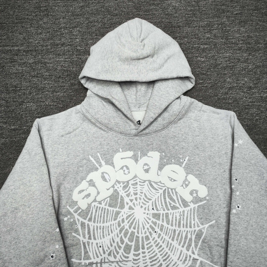 Sp5der 白色Sp5der字母 星星蜘蛛网套头连帽卫衣 外套 浅灰色 B0 