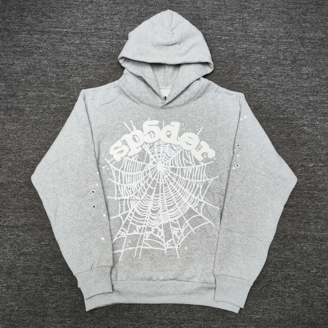 Sp5der 白色Sp5der字母 星星蜘蛛网套头连帽卫衣 外套 浅灰色 B0 