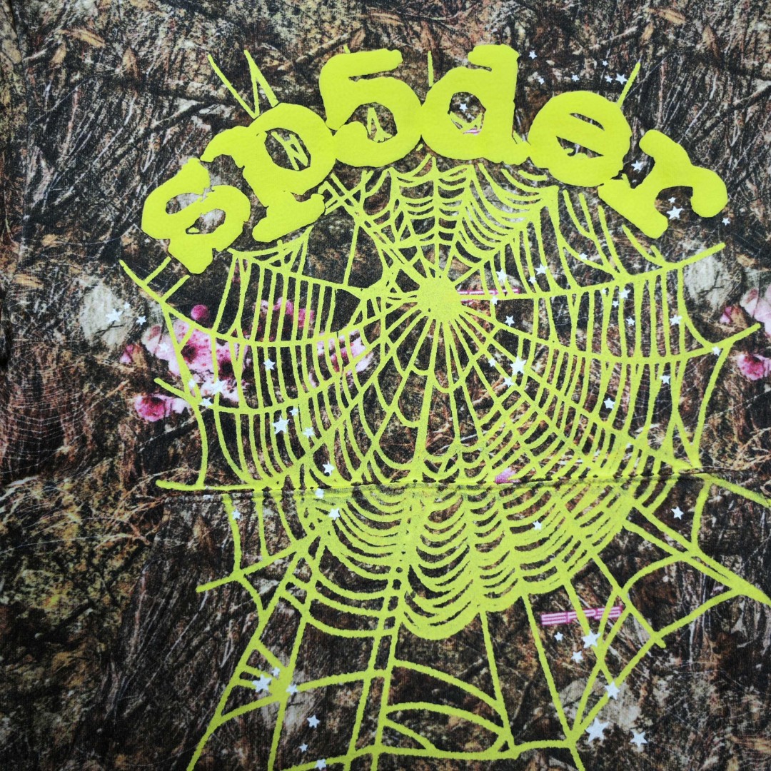 Sp5der 黄色Sp5der字母 星星蜘蛛网套头连帽卫衣 外套 树纹色 B0 