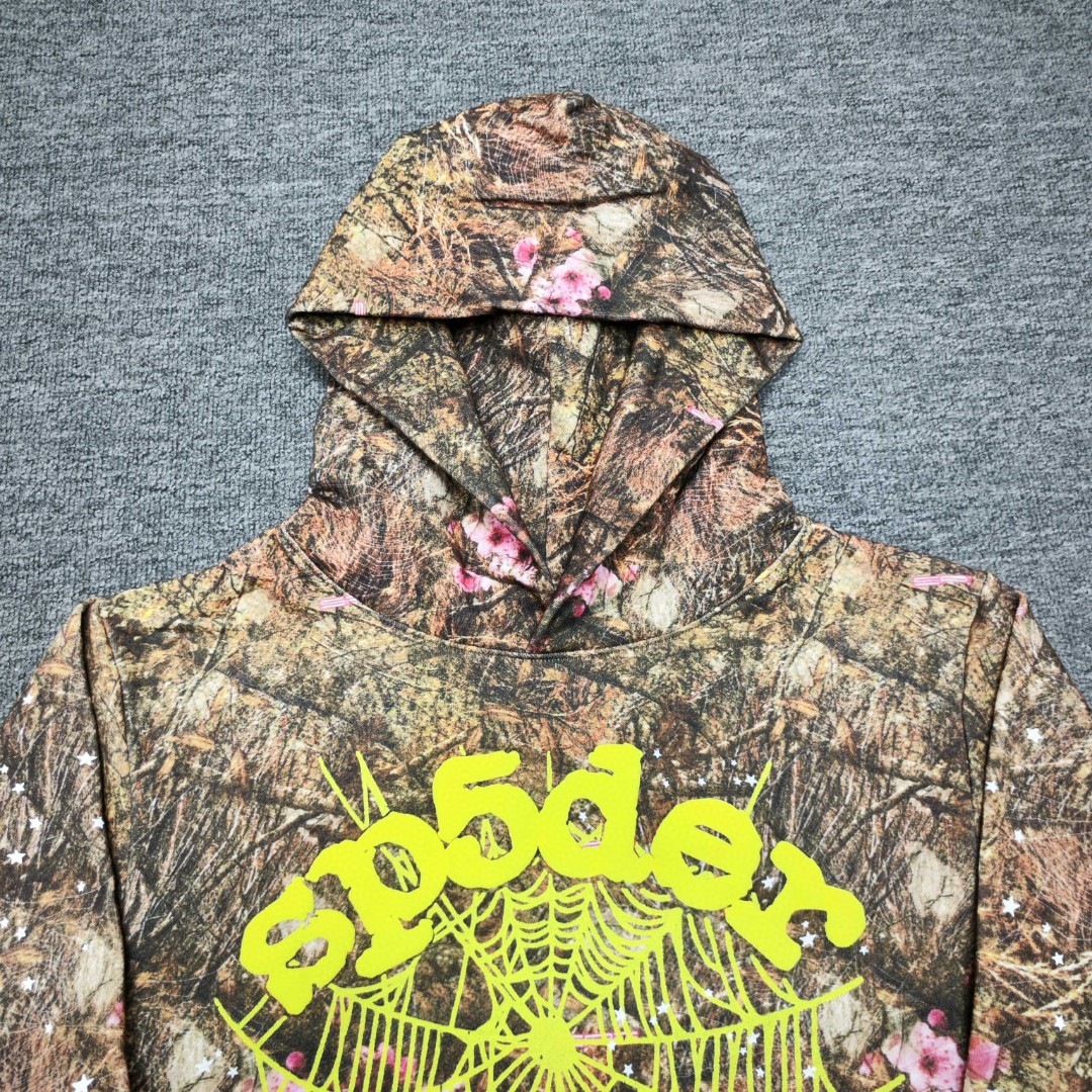 Sp5der 黄色Sp5der字母 星星蜘蛛网套头连帽卫衣 外套 树纹色 B0 