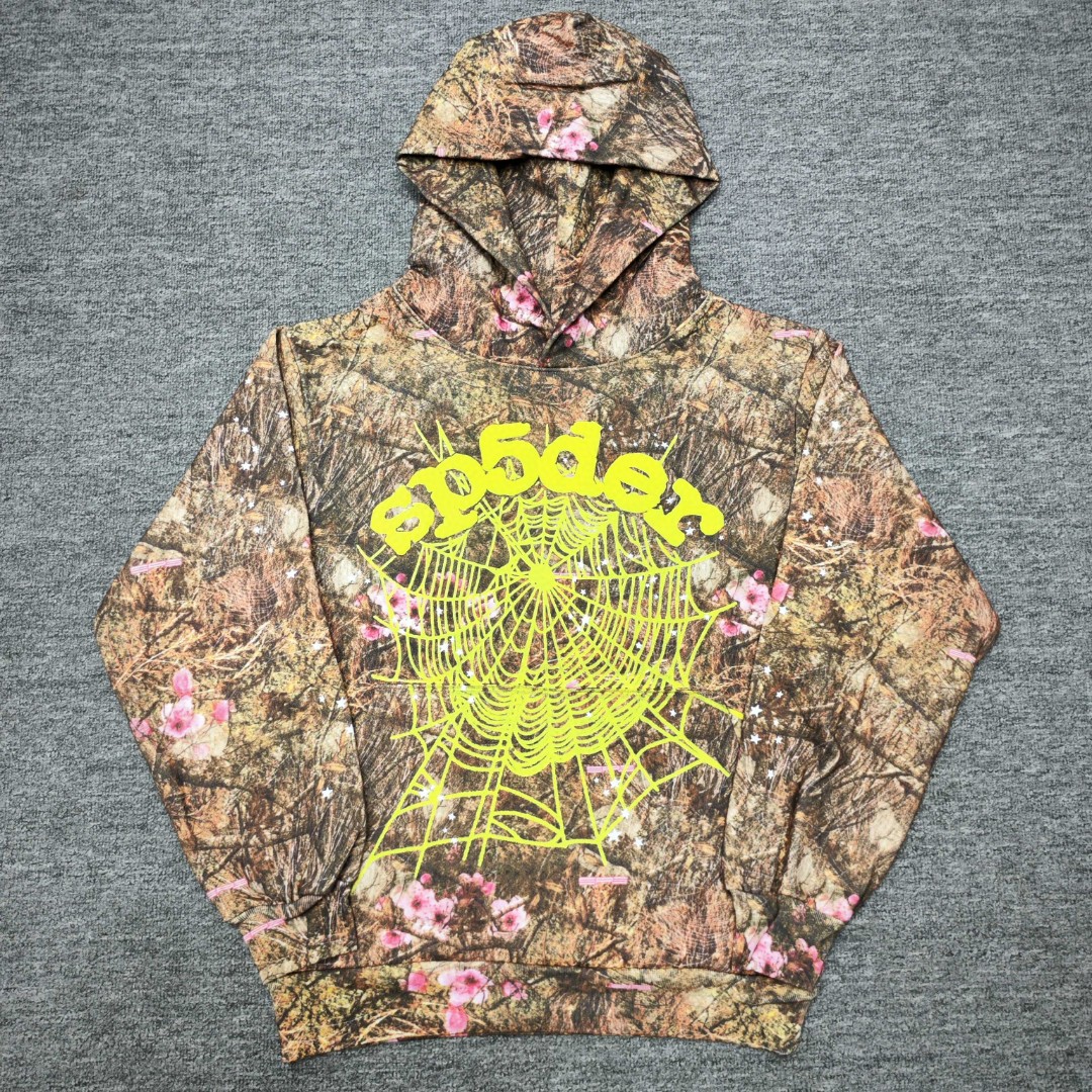Sp5der 黄色Sp5der字母 星星蜘蛛网套头连帽卫衣 外套 树纹色 B0 
