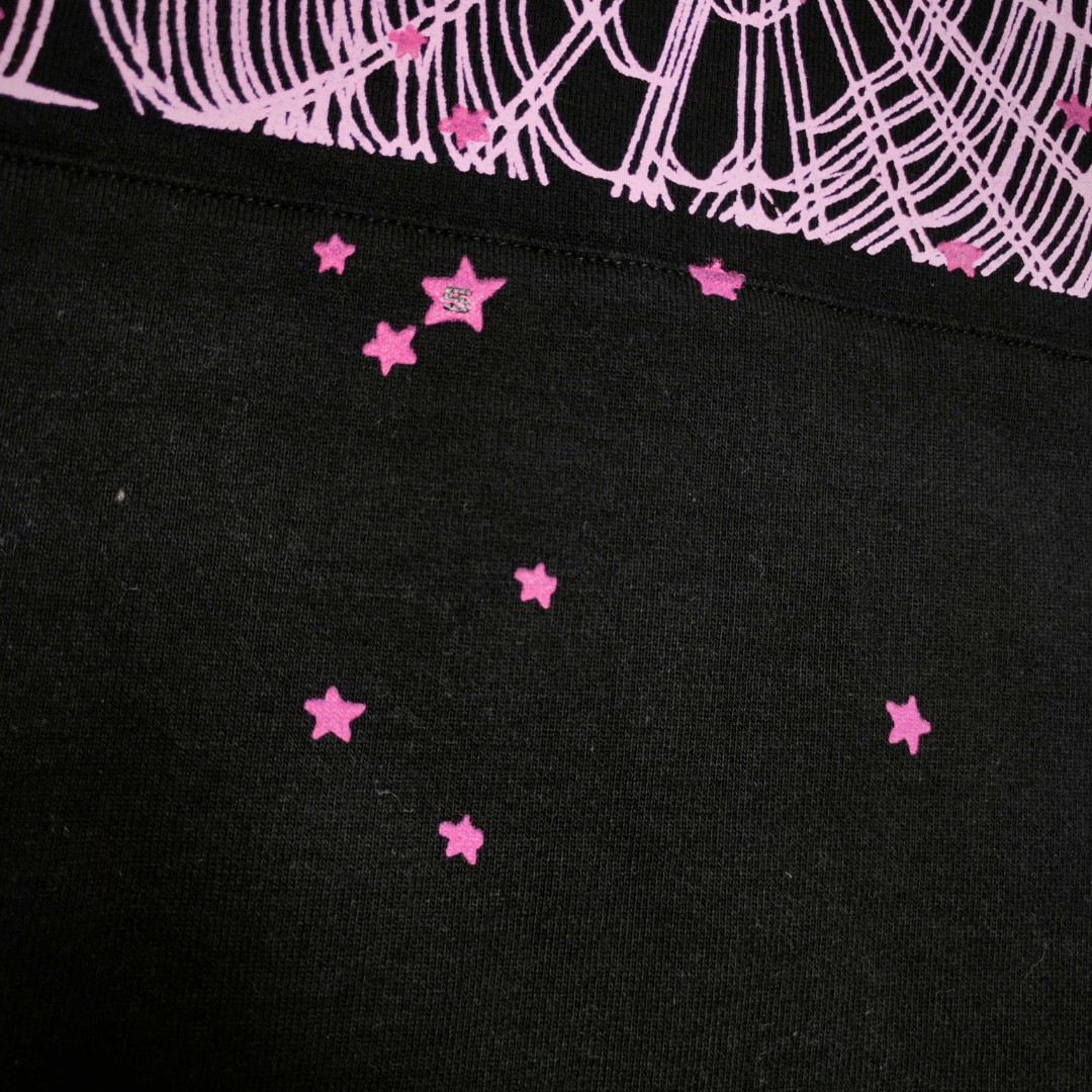 Sp5der 粉色555数字 星星蜘蛛网套头连帽卫衣 外套 黑色 B0 