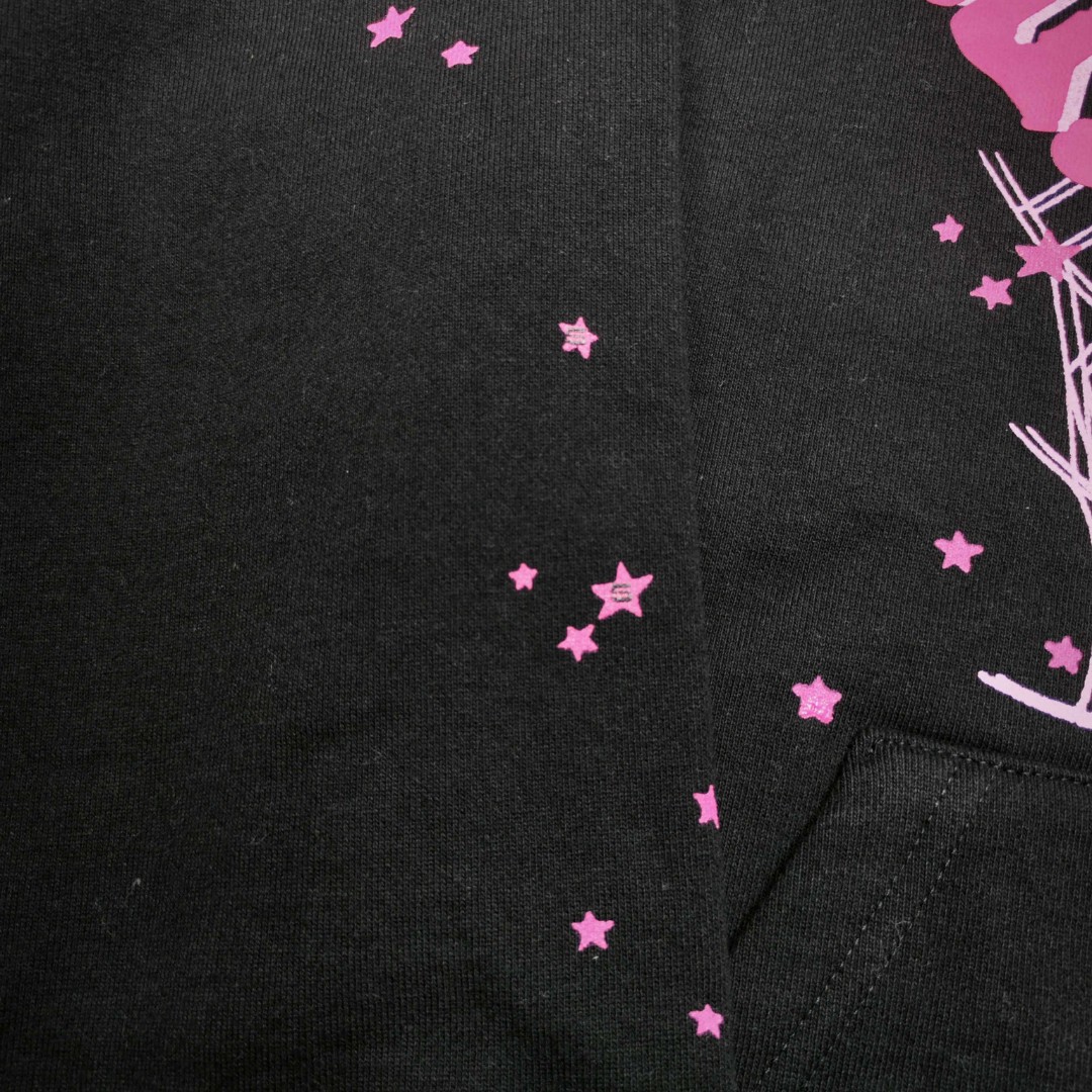 Sp5der 粉色555数字 星星蜘蛛网套头连帽卫衣 外套 黑色 B0 