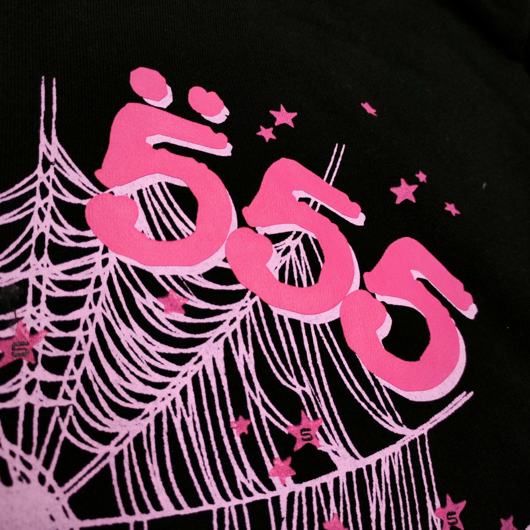 Sp5der 粉色555数字 星星蜘蛛网套头连帽卫衣 外套 黑色 B0 