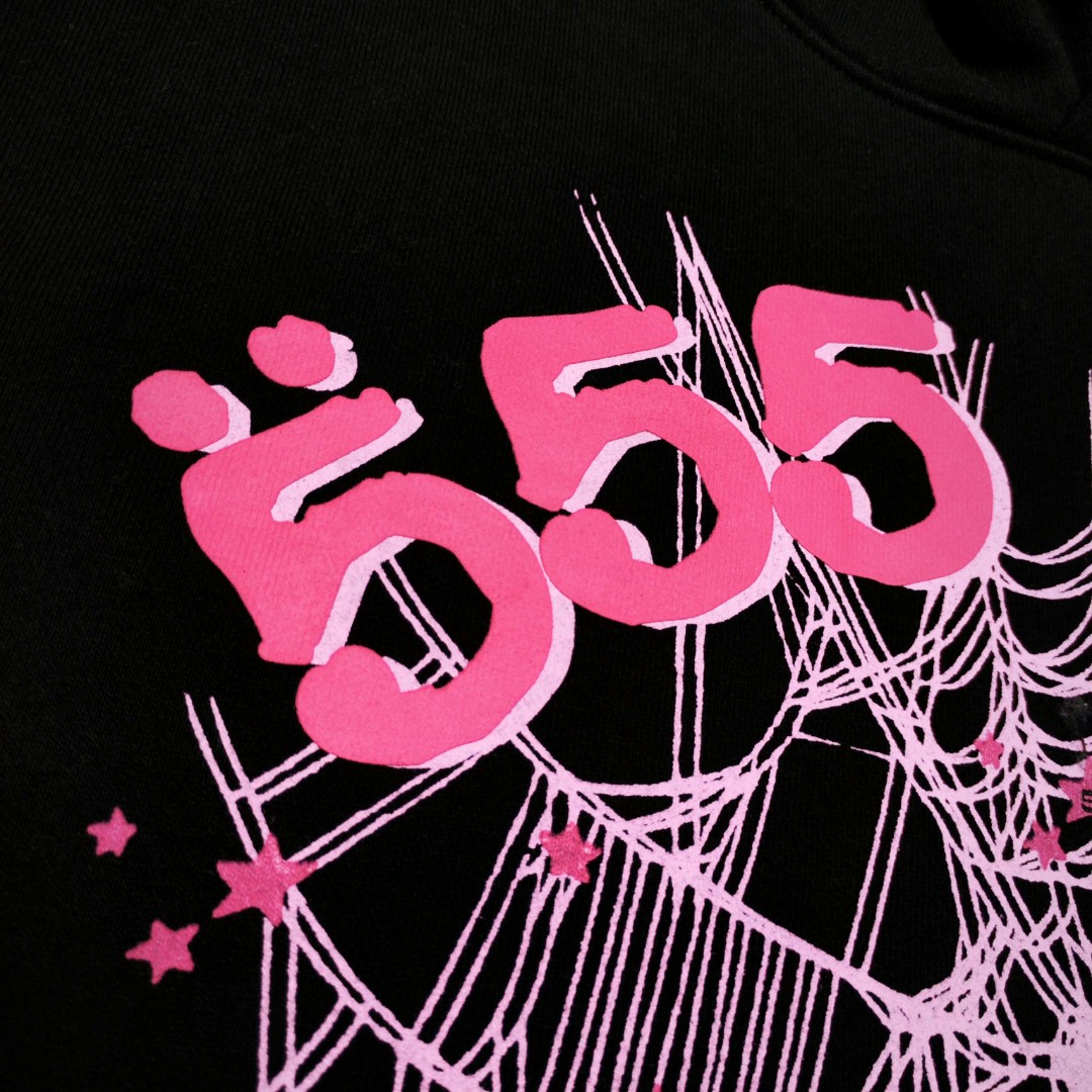 Sp5der 粉色555数字 星星蜘蛛网套头连帽卫衣 外套 黑色 B0 