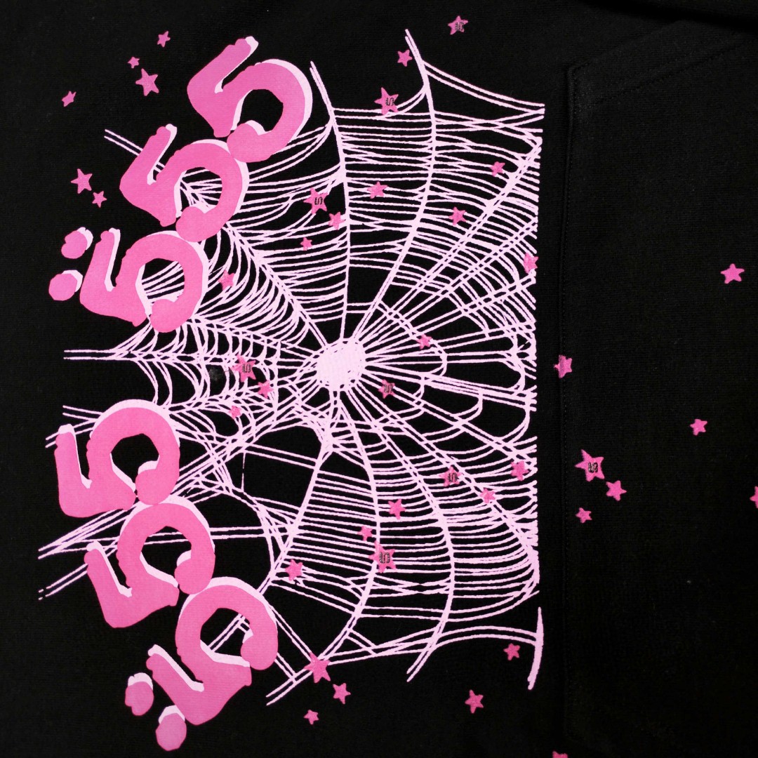 Sp5der 粉色555数字 星星蜘蛛网套头连帽卫衣 外套 黑色 B0 