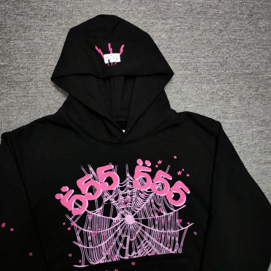 Sp5der 粉色555数字 星星蜘蛛网套头连帽卫衣 外套 黑色 B0 