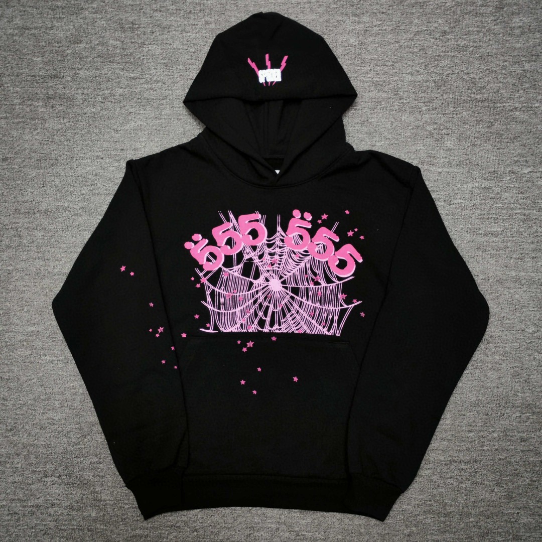 Sp5der 粉色555数字 星星蜘蛛网套头连帽卫衣 外套 黑色 B0 