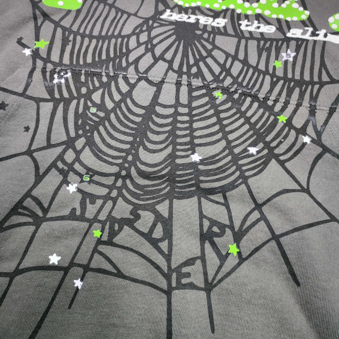 Sp5der 绿色Sp5der字母 星星蜘蛛网套头连帽卫衣 外套 灰色 B0 