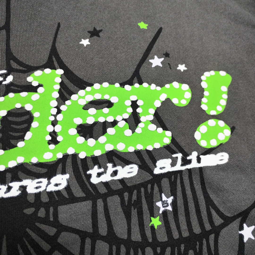 Sp5der 绿色Sp5der字母 星星蜘蛛网套头连帽卫衣 外套 灰色 B0 