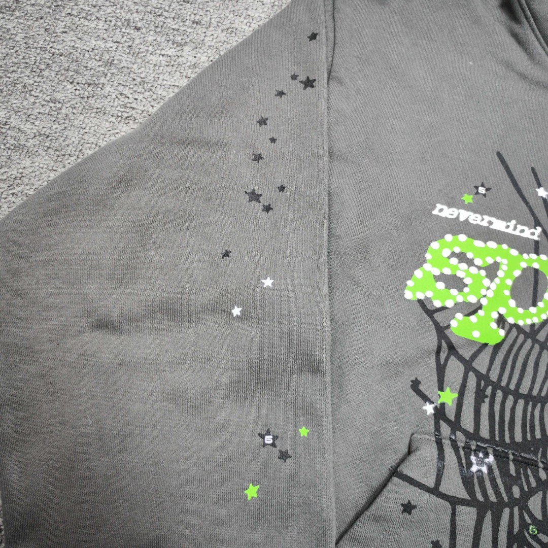 Sp5der 绿色Sp5der字母 星星蜘蛛网套头连帽卫衣 外套 灰色 B0 