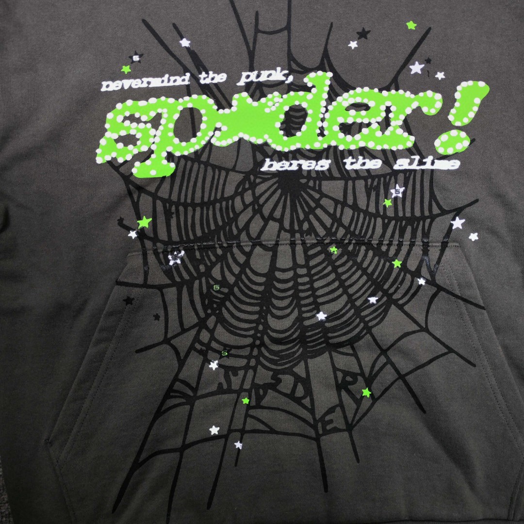 Sp5der 绿色Sp5der字母 星星蜘蛛网套头连帽卫衣 外套 灰色 B0 