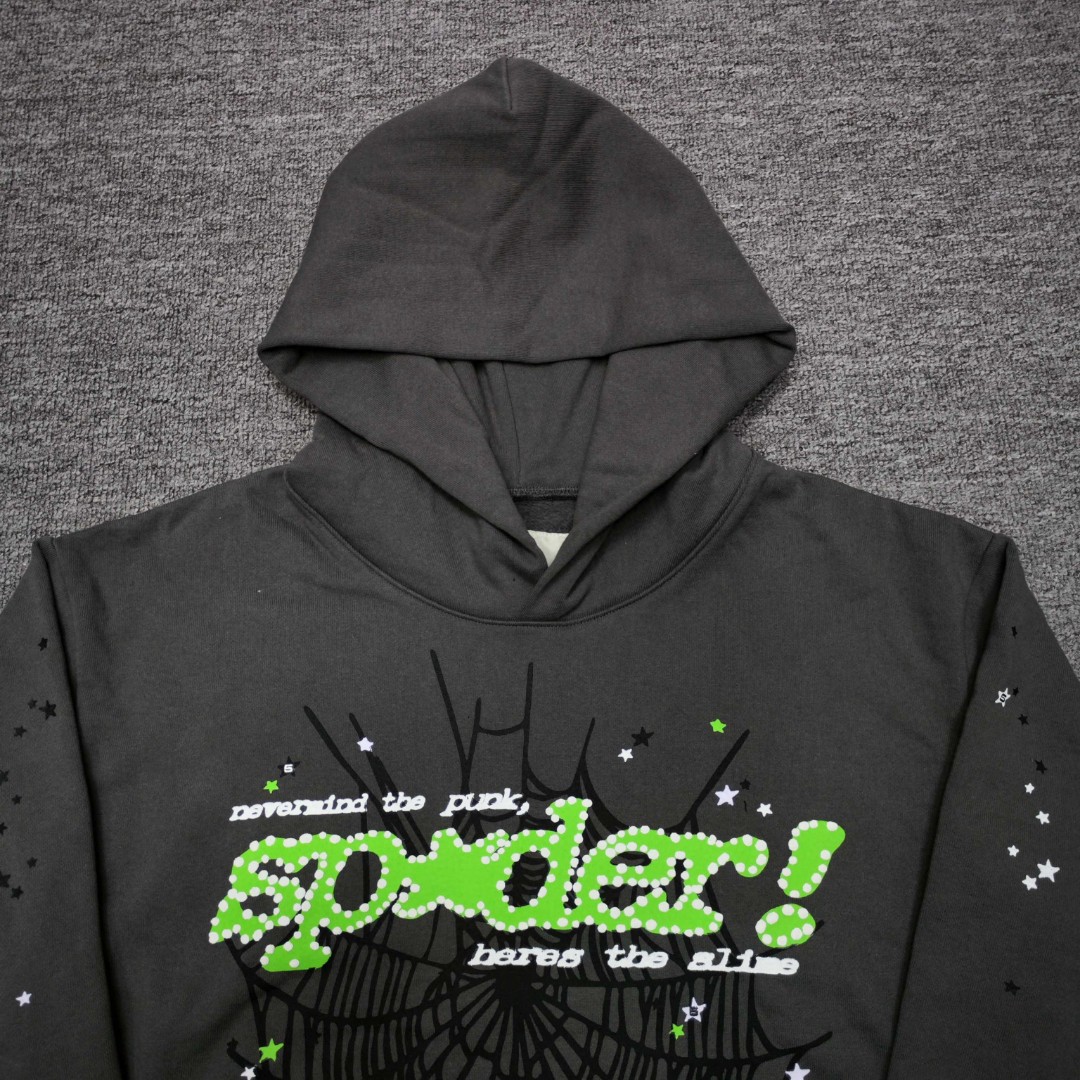Sp5der 绿色Sp5der字母 星星蜘蛛网套头连帽卫衣 外套 灰色 B0 