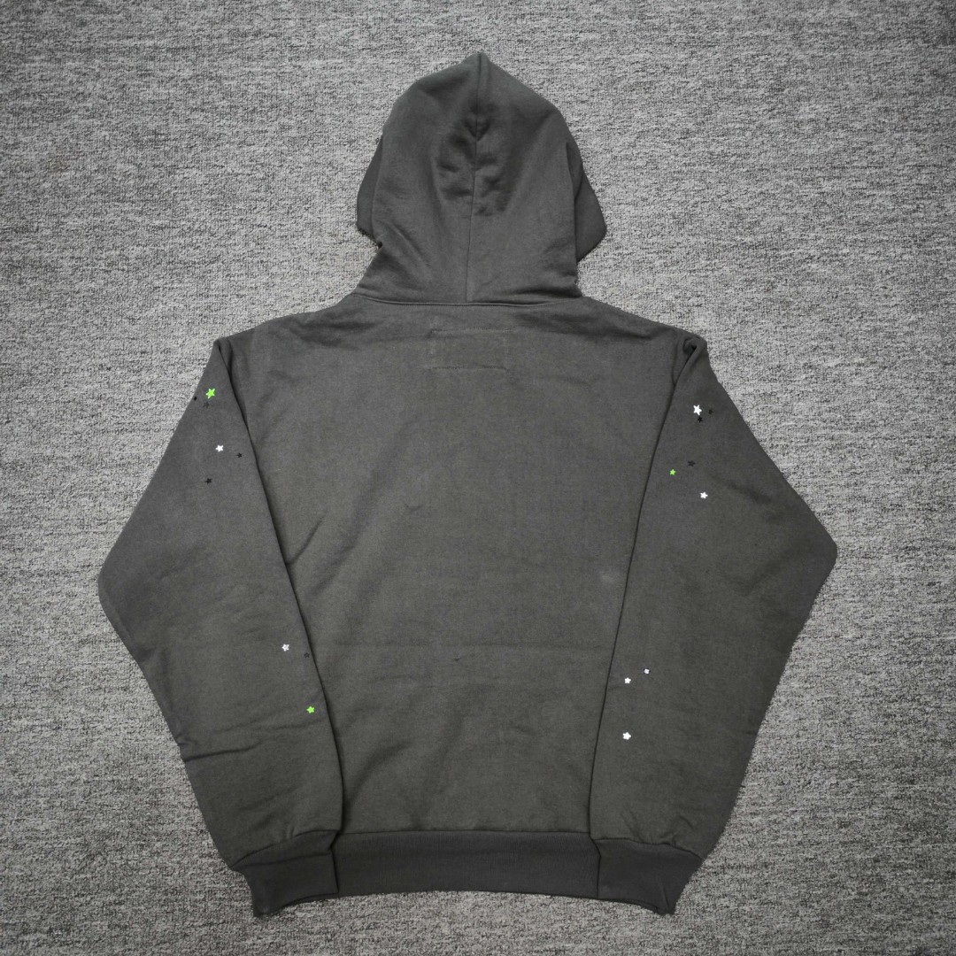 Sp5der 绿色Sp5der字母 星星蜘蛛网套头连帽卫衣 外套 灰色 B0 