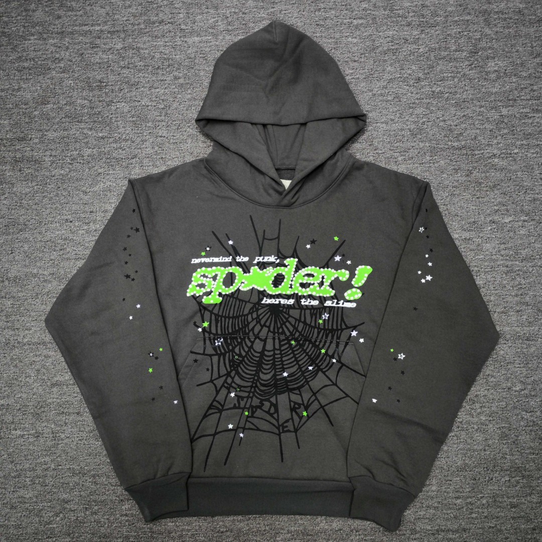 Sp5der 绿色Sp5der字母 星星蜘蛛网套头连帽卫衣 外套 灰色 B0 