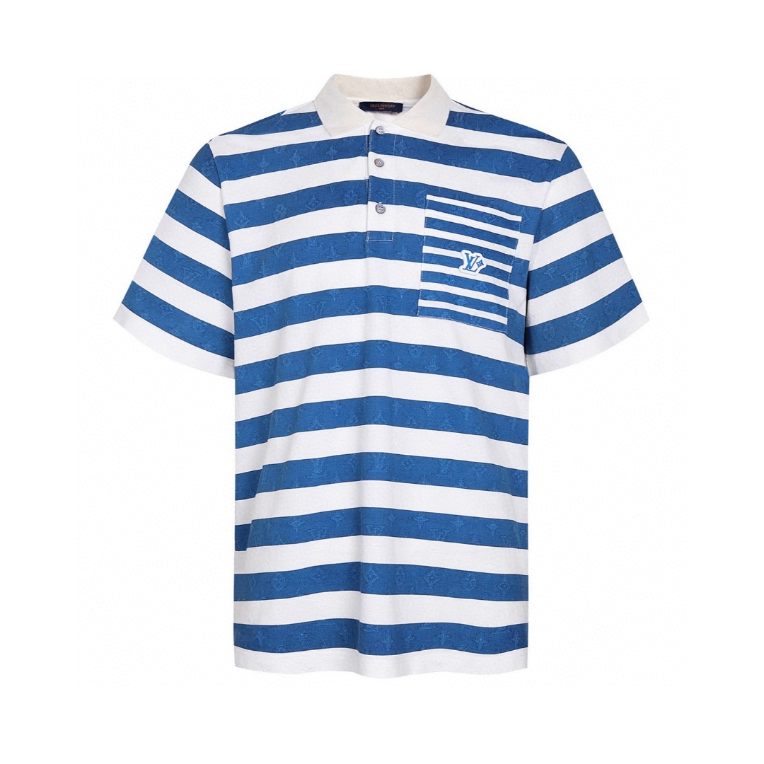 LOUIS VUITTON 路易威登 LV 海军蓝条纹马球polo衫 T恤 短袖 蓝白 A5 1AHWB4