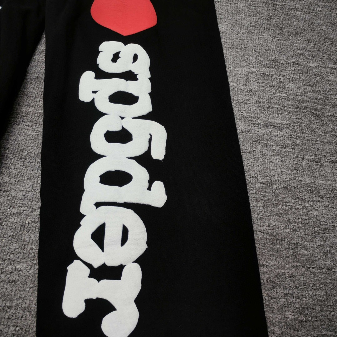 Sp5der 爱心白色Sp5der字母 星星印花 抽绳松紧腰束脚运动裤 休闲裤 长裤 裤子 黑色