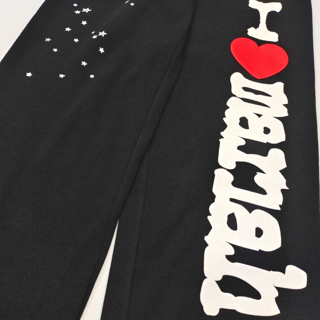 Sp5der 爱心白色Sp5der字母 星星印花 抽绳松紧腰束脚运动裤 休闲裤 长裤 裤子 黑色