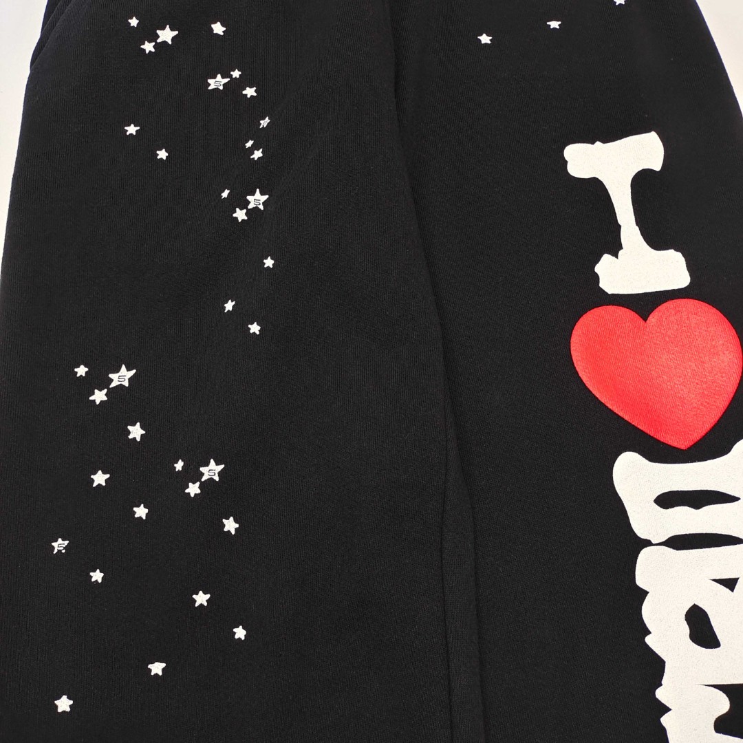 Sp5der 爱心白色Sp5der字母 星星印花 抽绳松紧腰束脚运动裤 休闲裤 长裤 裤子 黑色