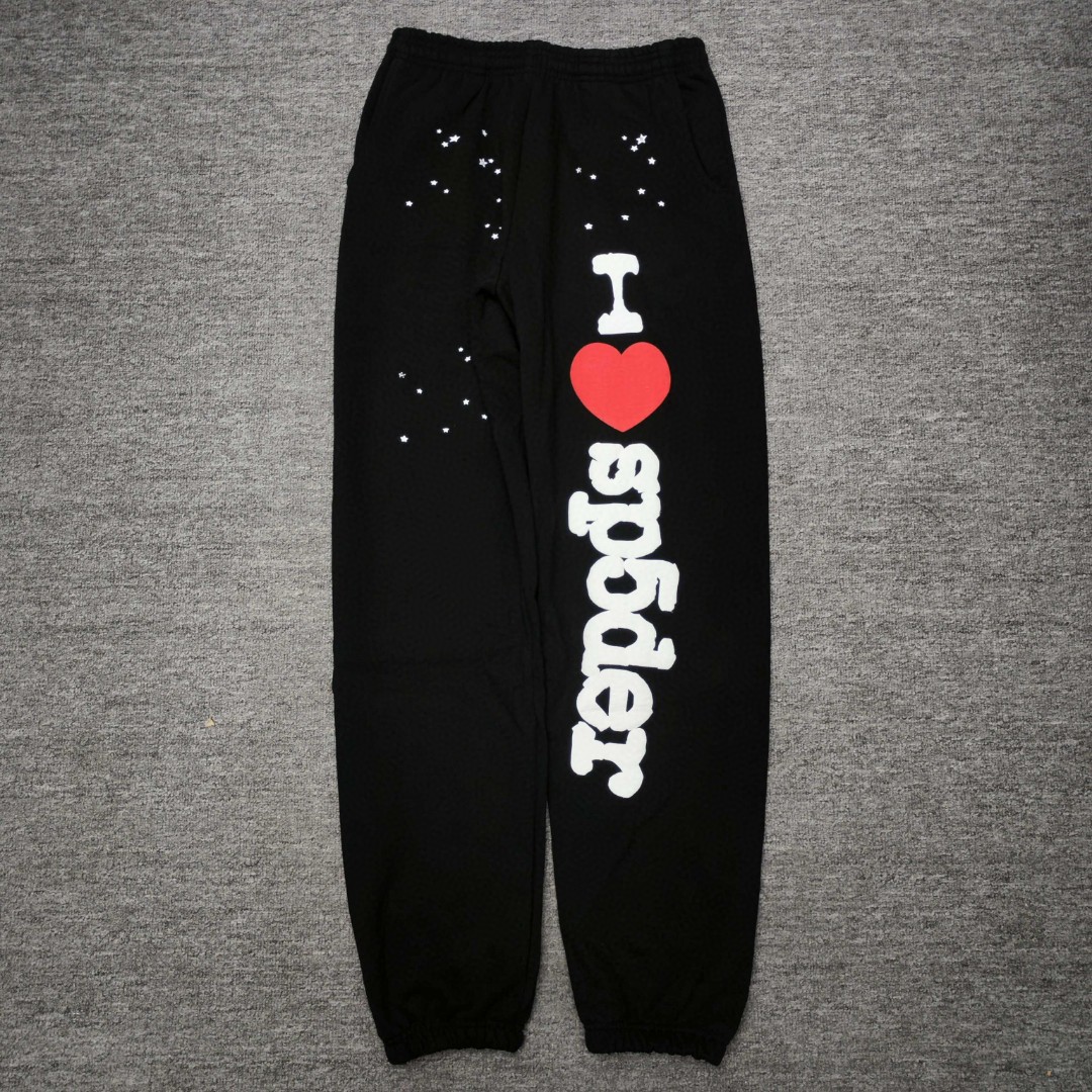 Sp5der 爱心白色Sp5der字母 星星印花 抽绳松紧腰束脚运动裤 休闲裤 长裤 裤子 黑色