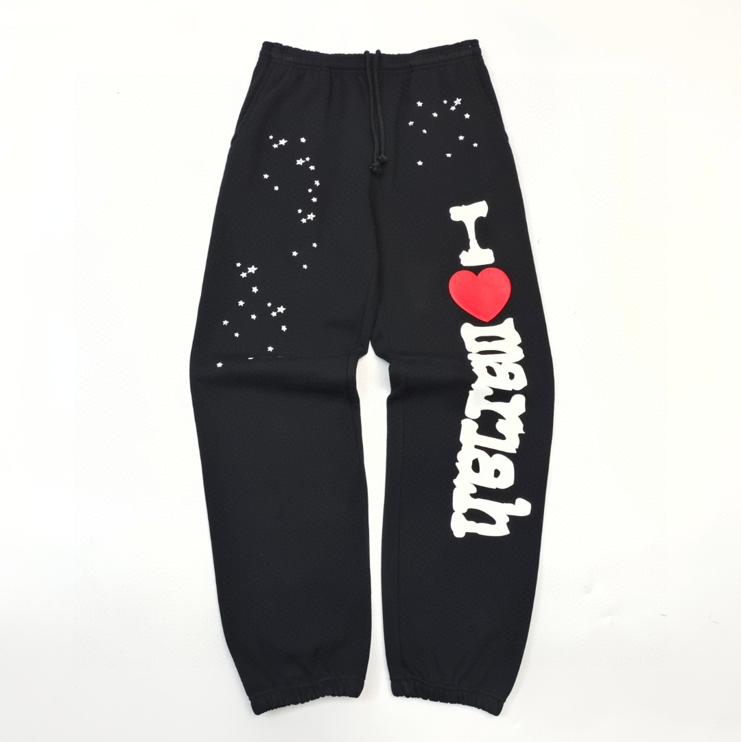Sp5der 爱心白色Sp5der字母 星星印花 抽绳松紧腰束脚运动裤 休闲裤 长裤 裤子 黑色